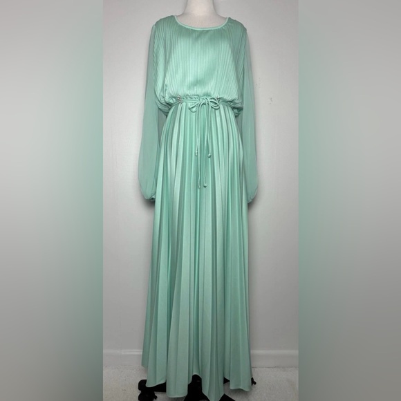 Vintage 1970s Mint Green Pleated Maxi Evening Dress Balloon Sleeve M - Picture 2 of 13